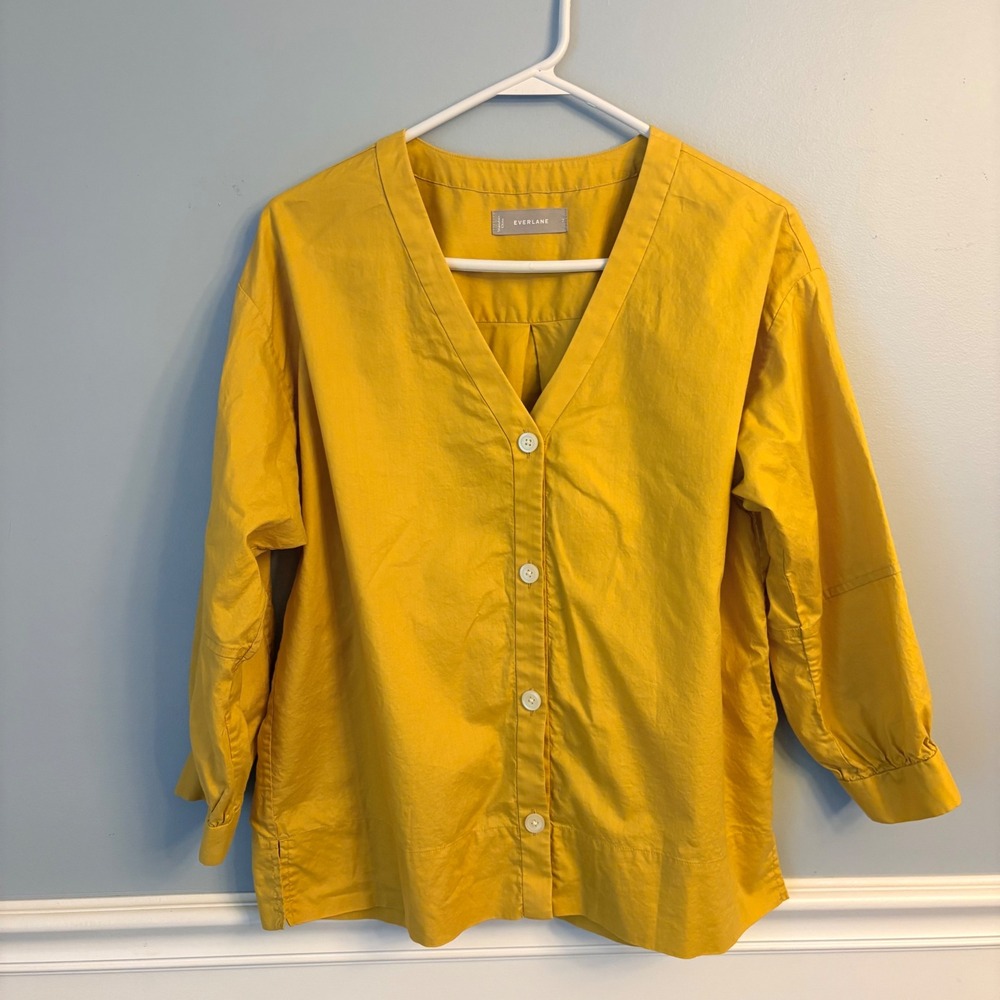 Everlane V-Neck Button Down Shirt Mustard Yellow Cotton Poplin Size 2